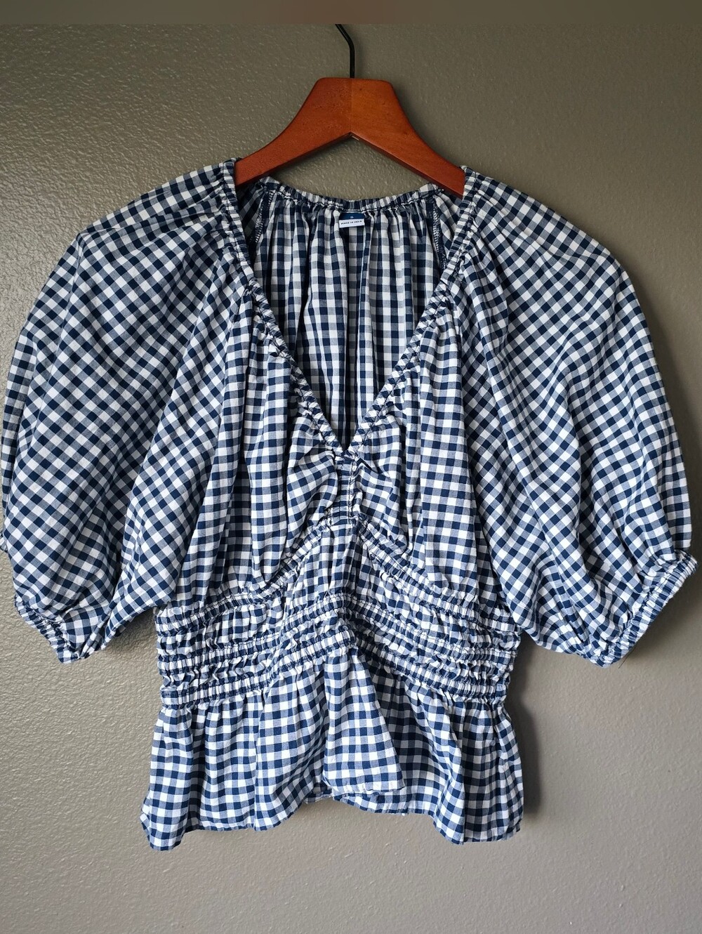 Old Navy Smocked V-Neck Gingham Peplum Top-Navy & White -Small Milkmaid